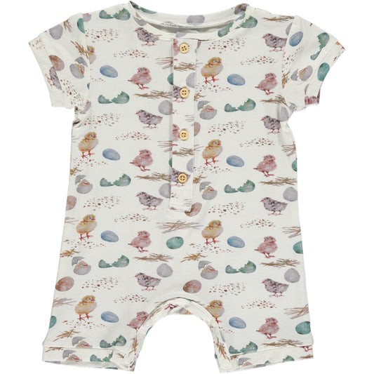 sleeveless shortie romper in blue and green watercolor chicks and eggs print on a white background, made of bamboo fabric, buttons on the placket
