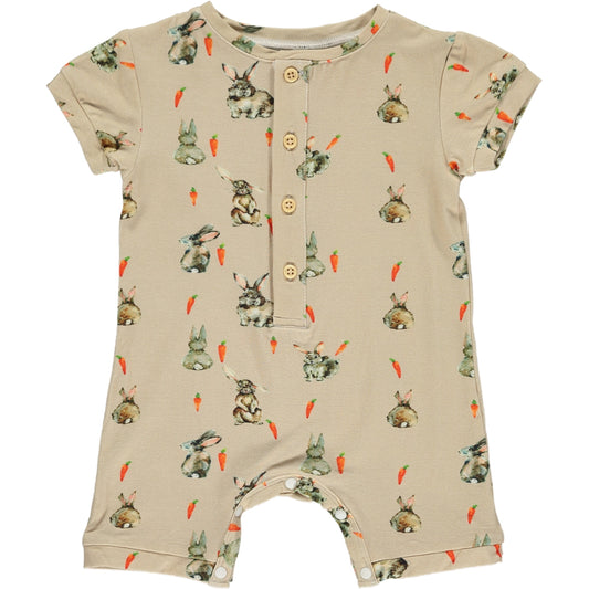 sleeveless shortie romper in bunnie rabbit and carrot print on a beige background, made of bamboo fabric, buttons on the placket