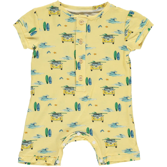sleeveless shortie romper in green and yellow camper van and surf board print on a yellow background, made of bamboo fabric, buttons on the placket
