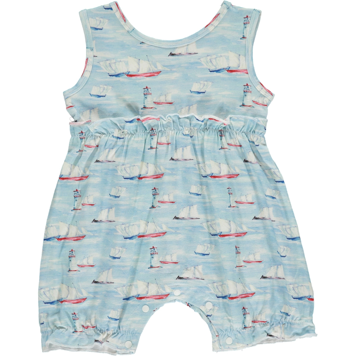 sleeveless girls shortie romper in watercolor sailboat print on a light blue background, made of bamboo fabric, small frills at the waist and leg