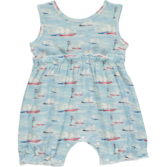sleeveless girls shortie romper in watercolor sailboat print on a light blue background, made of bamboo fabric, small frills at the waist and leg
