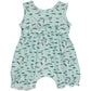 sleeveless girls shortie romper in a watercolour fish print on a light green background, made of bamboo fabric, small frills at the waist and leg