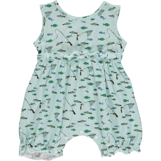 sleeveless girls shortie romper in a watercolour fish print on a light green background, made of bamboo fabric, small frills at the waist and leg