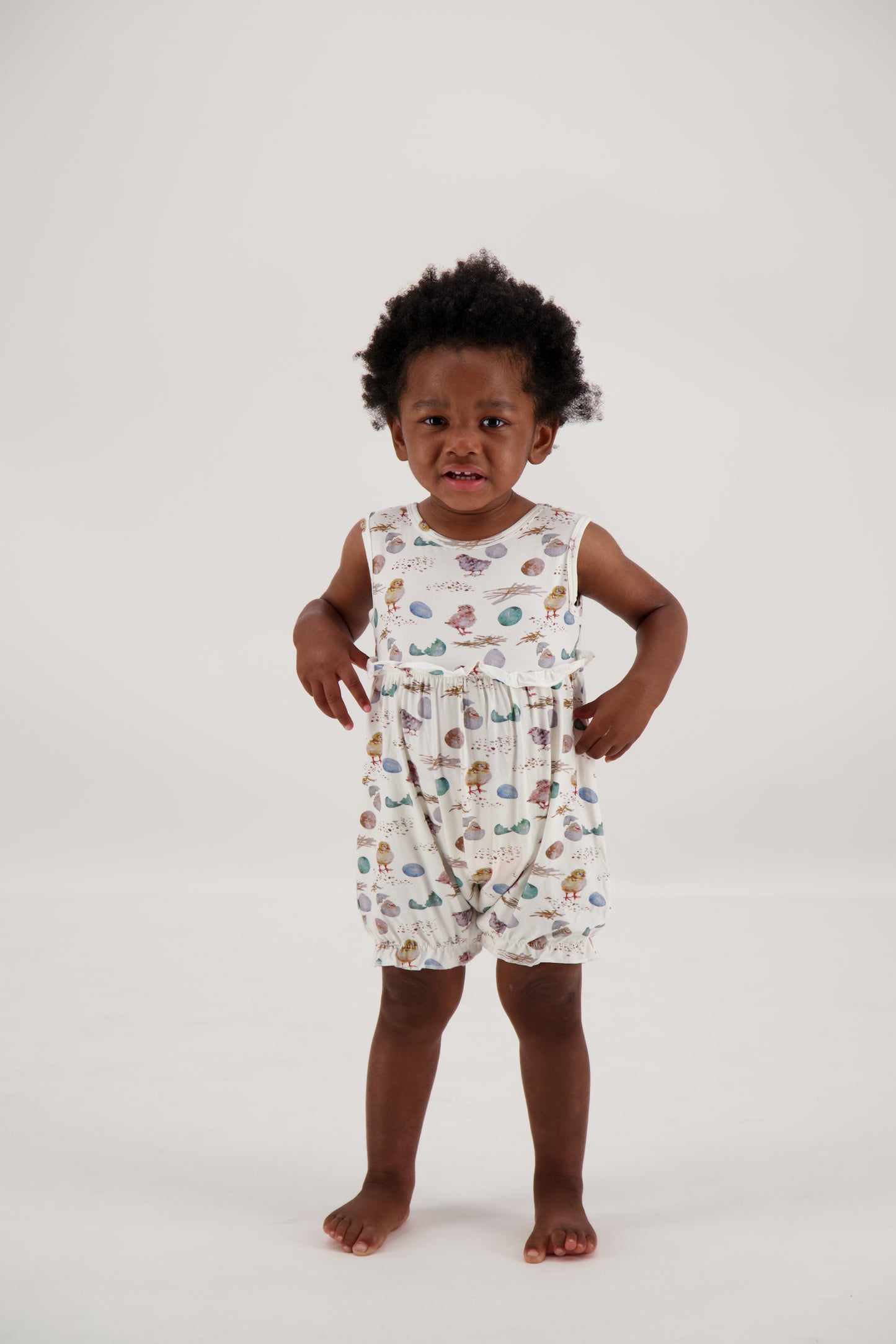 Ruffle romper in Spring chicks and eggs