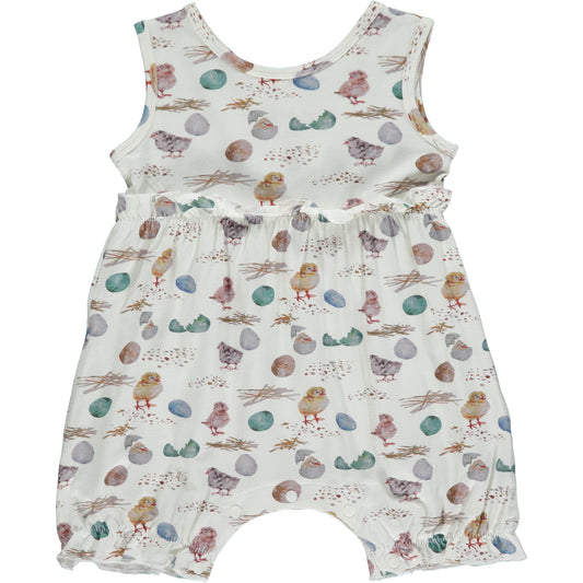 sleeveless girls shortie romper in blue and green watercolor chicks and eggs print on a white background, made of bamboo fabric, small frills at the waist and leg