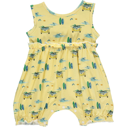 sleeveless girls shortie romper in green and yellow watercolor camper van and surf board print on a yellow background, made of bamboo fabric, small frills at the waist and leg