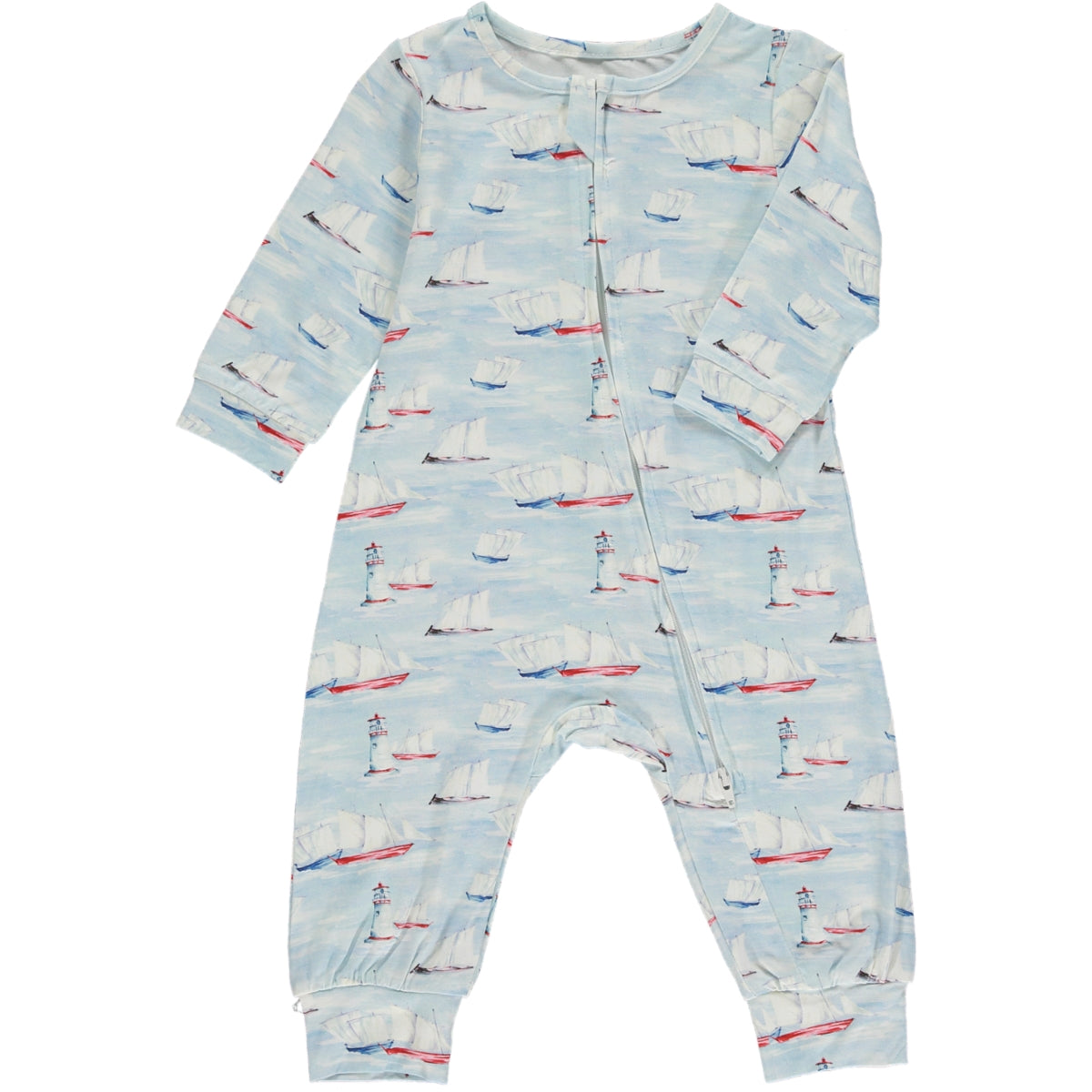 long romper with long sleeves in traditional watercolor sailing boat print on a light blue background, made of bamboo fabric, zip front fastening