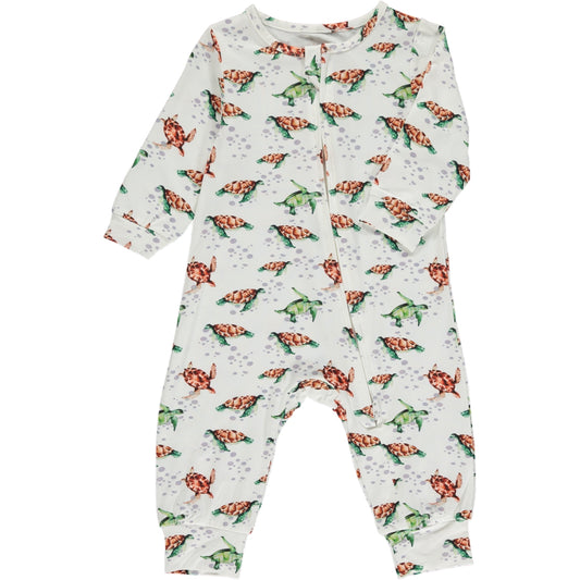 long romper with long sleeves in green and brown watercolor turtle print on a white background, made of bamboo fabric, zip front fastening