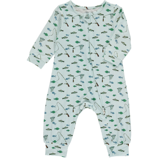 long romper with long sleeves in green fishing print on a light green background, made of bamboo fabric, zip front fastening