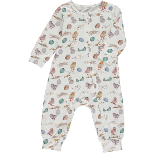 long romper with long sleeves in blue and pink watercolor chicks and eggs print on a white background, made of bamboo fabric, zip front fastening