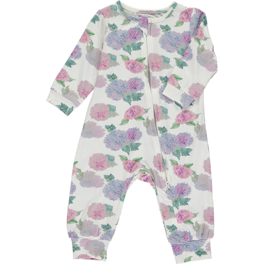 long romper with long sleeves in soft pink and violet watercolor hydrangea print on a white background, made of bamboo fabric, zip front fastening
