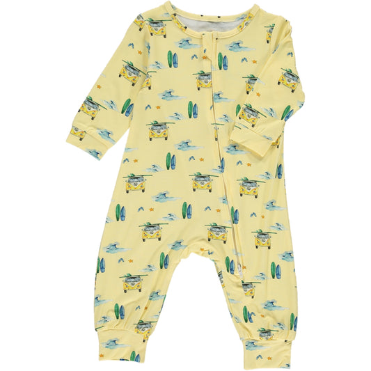 long romper with long sleeves in green and yellow camper van and surf board print on a yellow background, made of bamboo fabric, zip front fastening