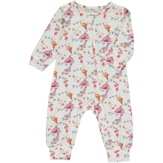 long romper with long sleeves in pink watercolour bunting, ice cream and tent print on a white background, made of bamboo fabric, zip front fastening