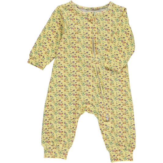 long romper with long sleeves in multicolor wildflower watercolor print on a yellow background, made of bamboo fabric, zip front fastening