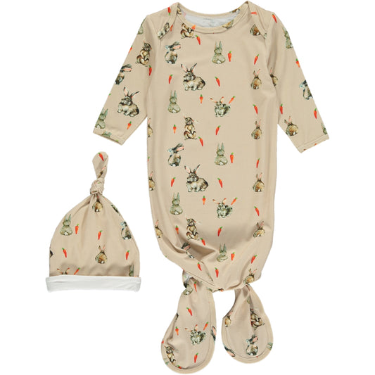 long knotted gown with long sleeves and matching knotted hat, in watercolor bunnies and carrots print on a beige background, made of bamboo fabric