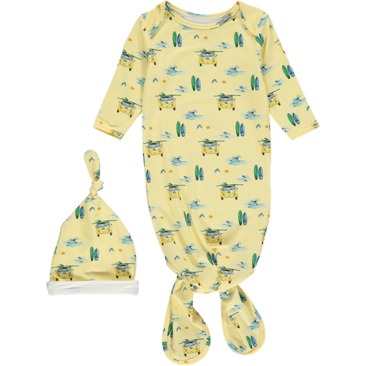 long knotted gown with long sleeves and matching knotted hat, in green and yellow camper van and surf board print on a yellow background, made of bamboo fabric