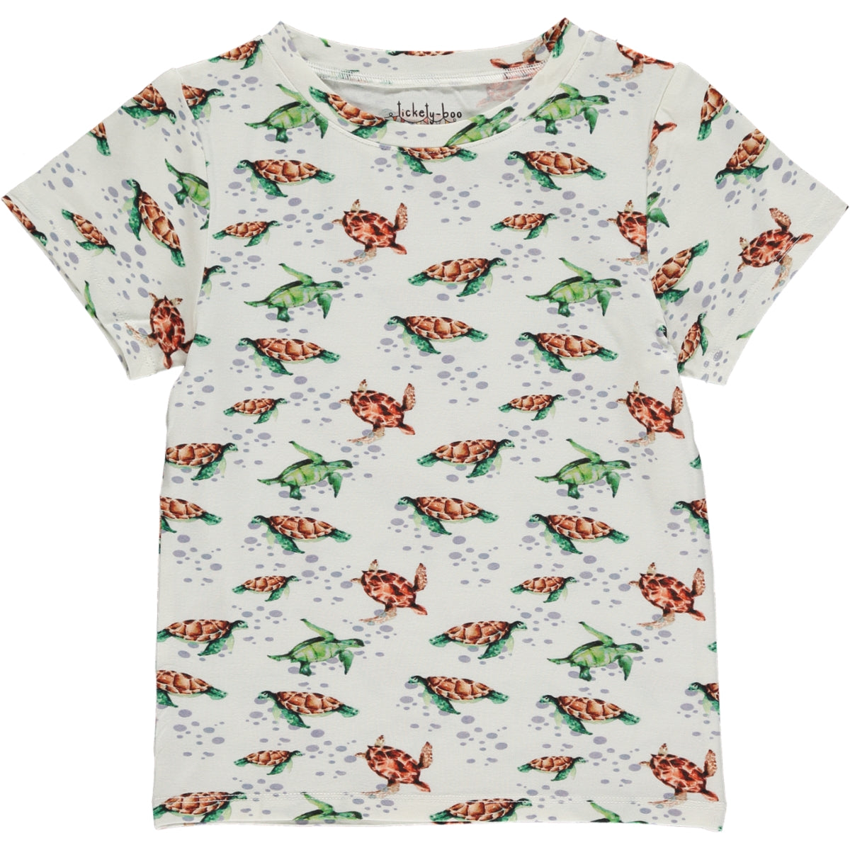 summer short sleeve T shirt in green and brown watercolor turtles print with white background, in sustainable bamboo fabric