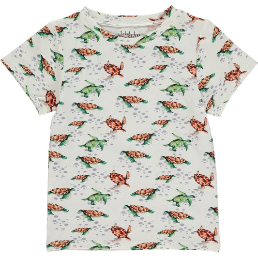 summer short sleeve T shirt in green and brown watercolor turtles print with white background, in sustainable bamboo fabric