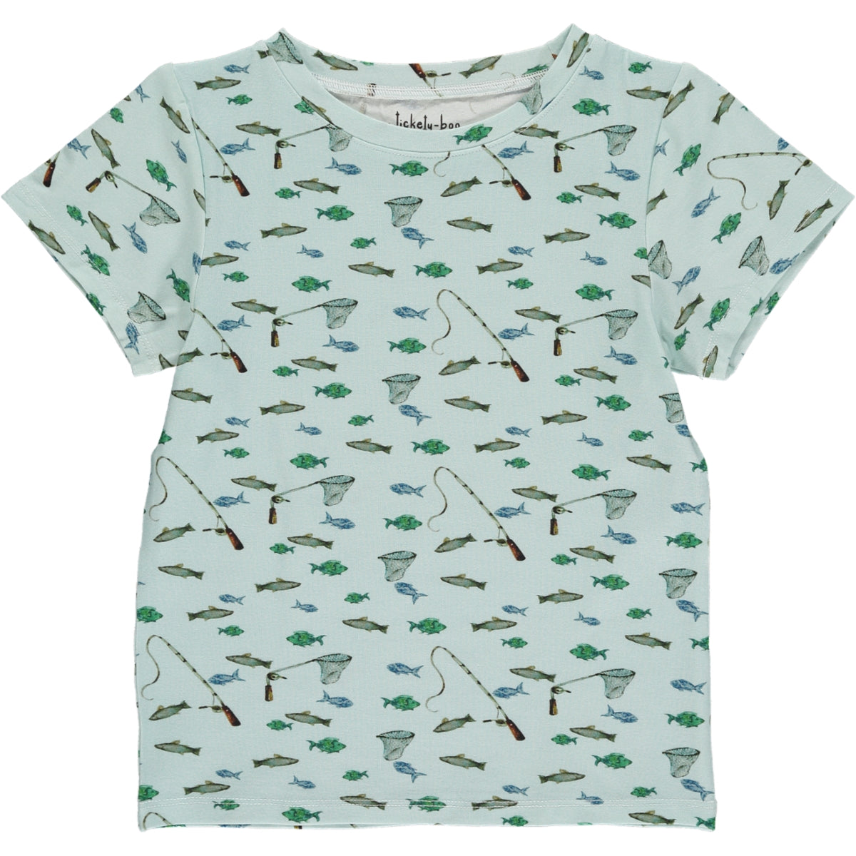 summer short sleeve T shirt in green fishing watercolor print with light green background, in sustainable bamboo fabric