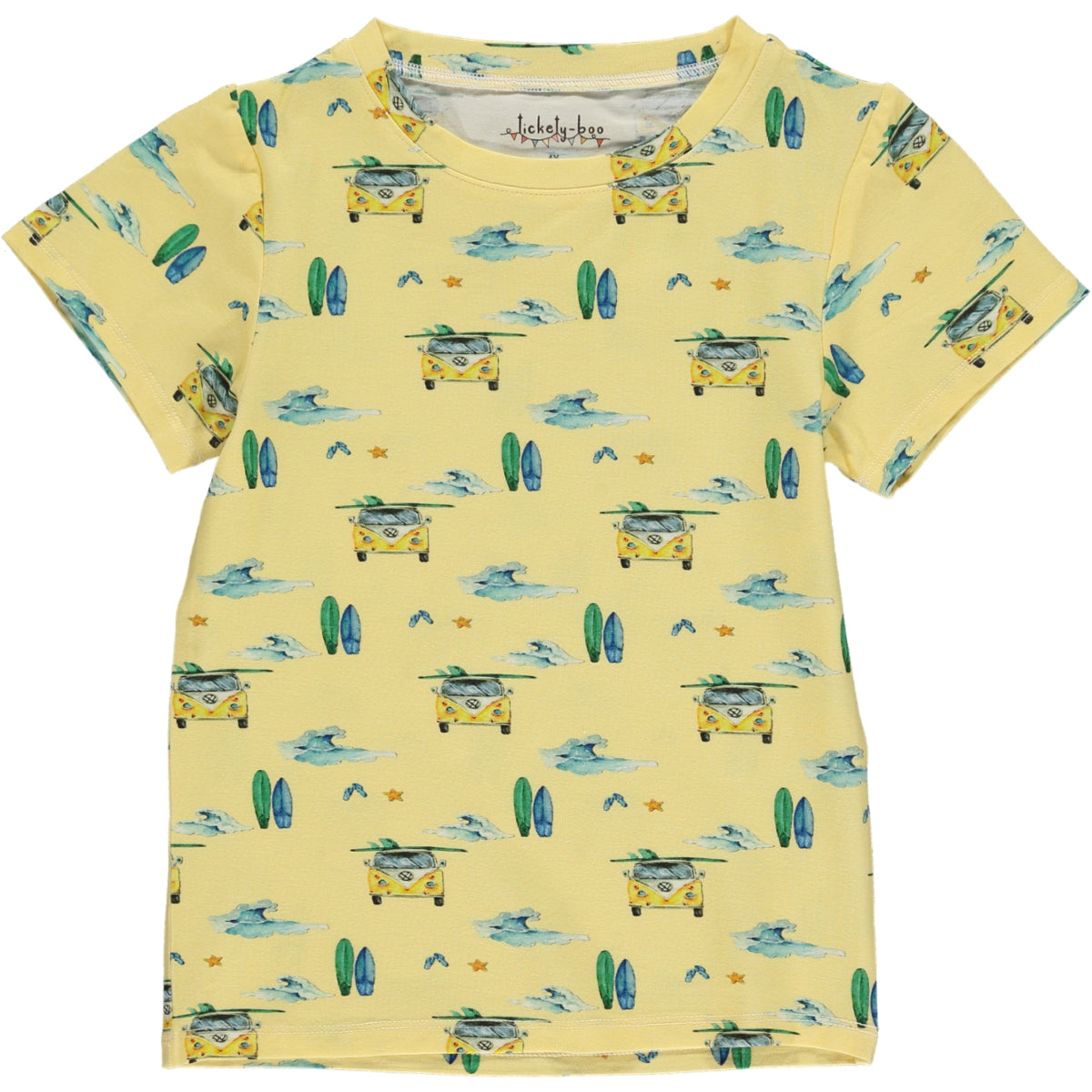 summer short sleeve T shirt in green and yellow camper van and surf board watercolor print with yellow background, in sustainable bamboo fabric