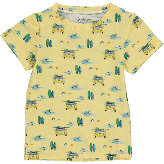 summer short sleeve T shirt in green and yellow camper van and surf board watercolor print with yellow background, in sustainable bamboo fabric