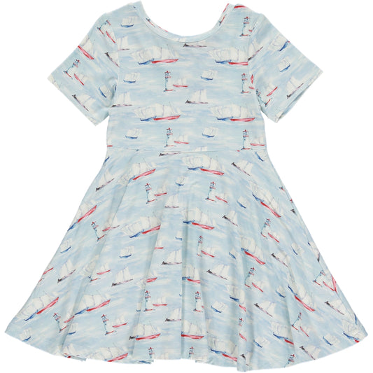 knee length twirl dress with short sleeves and scoop neckline, in traditional sailing boat watercolor print on a light blue background, made of bamboo fabric