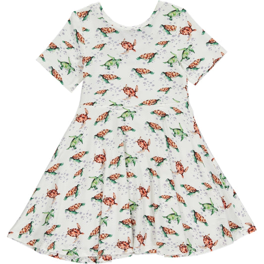 knee length twirl dress with short sleeves and scoop neckline, in green and brown watercolor turtles print on a white background, made of bamboo fabric