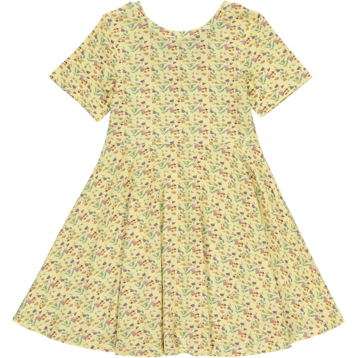 knee length twirl dress with short sleeves and scoop neckline, in multicolor watercolor wildflower print on a yellow background, made of bamboo fabric