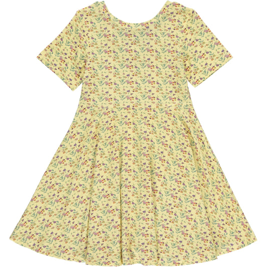 knee length twirl dress with short sleeves and scoop neckline, in multicolor watercolor wildflower print on a yellow background, made of bamboo fabric