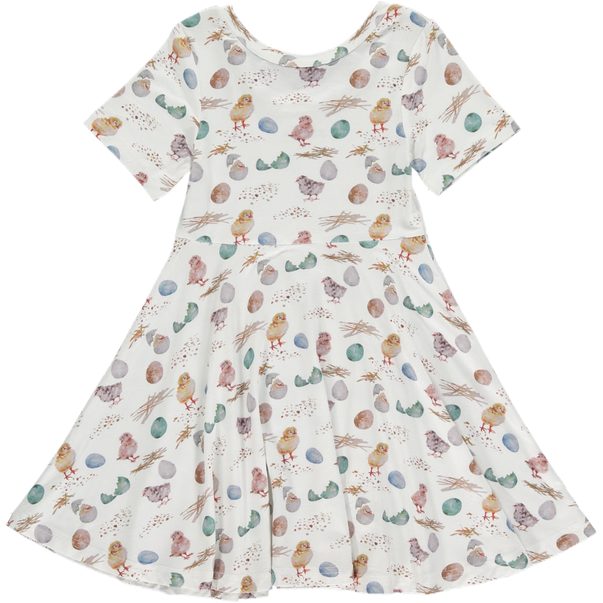 knee length twirl dress with short sleeves and scoop neckline, in soft blue and green watercolor chicks and eggs print on a white background, made of bamboo fabric