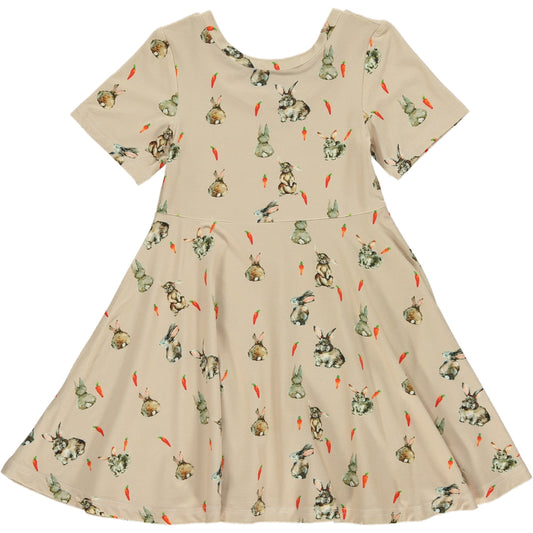 knee length twirl dress with short sleeves and scoop neckline, in watercolor bunnies and carrots print on a beige background, made of bamboo fabric