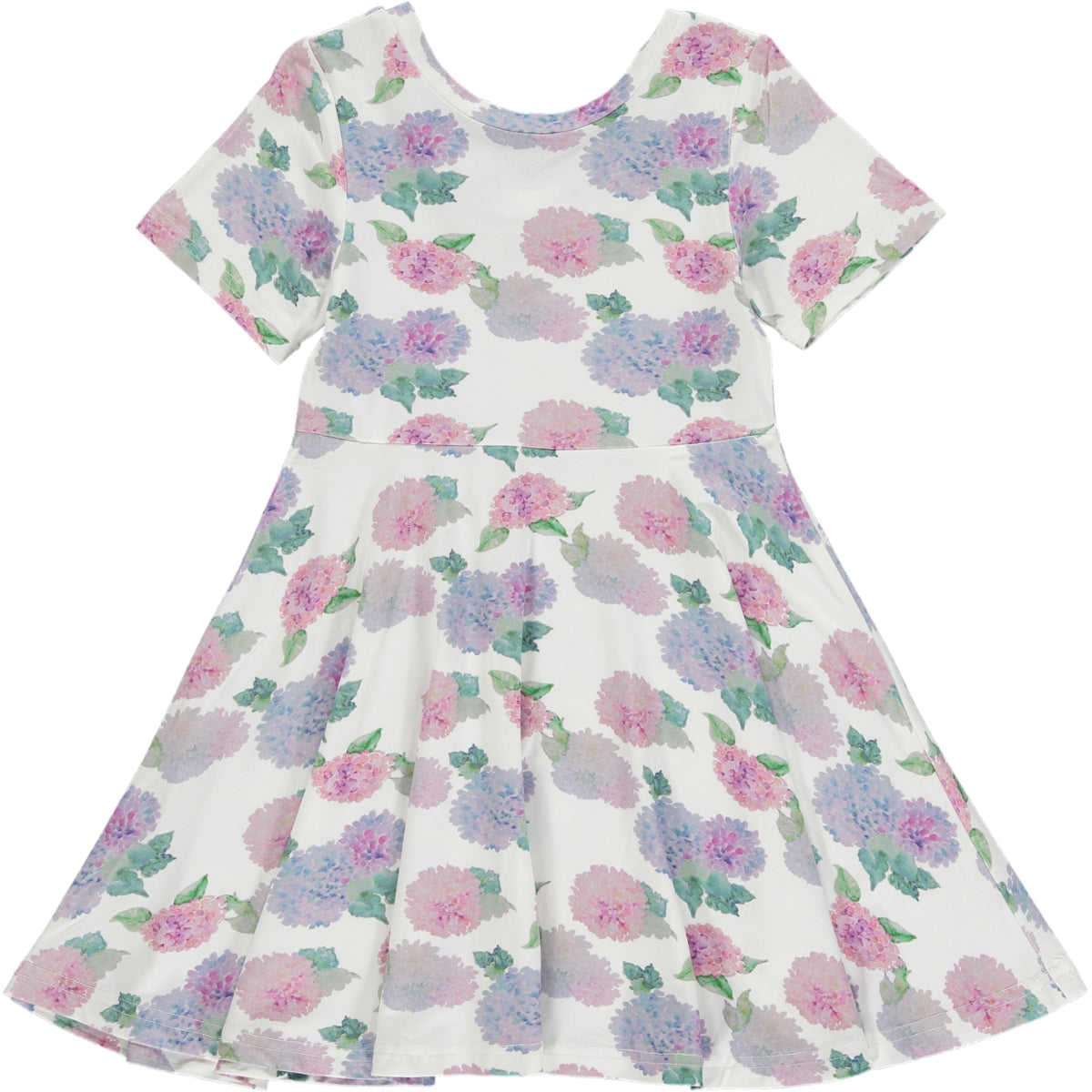 knee length twirl dress with short sleeves and scoop neckline, in soft pink and violet watercolor hydrangea print on a white background, made of bamboo fabric