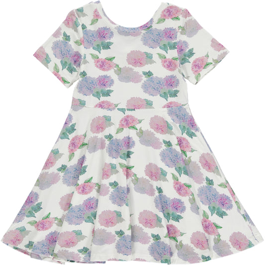 knee length twirl dress with short sleeves and scoop neckline, in soft pink and violet watercolor hydrangea print on a white background, made of bamboo fabric