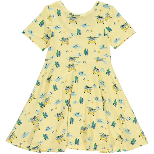 knee length twirl dress with short sleeves and scoop neckline, in green and yellow camper van and surf board print on a yellow background, made of bamboo fabric