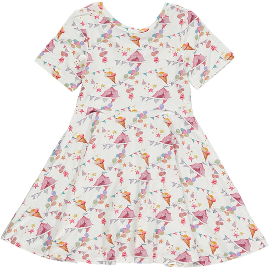 knee length twirl dress with short sleeves and scoop neckline, in traditional festival bunting and pink tent print on a white background, made of bamboo fabric