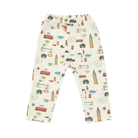 Leggings in white with watercolour London icons print. With two buttons at the waist. Made from soft bamboo fabric.